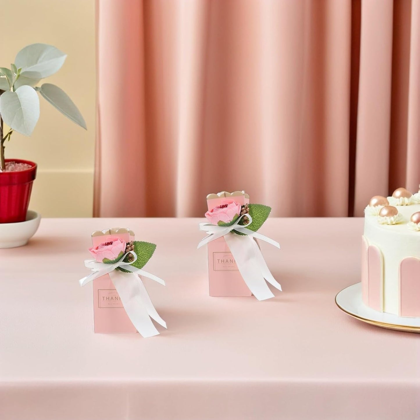 BESTonZON 12pcs Pink Floral Candy Boxes with Ribbon Shower and Wedding Party Favor Packaging Decorative Treat Boxes for Birthday and Anniversary Celebrations