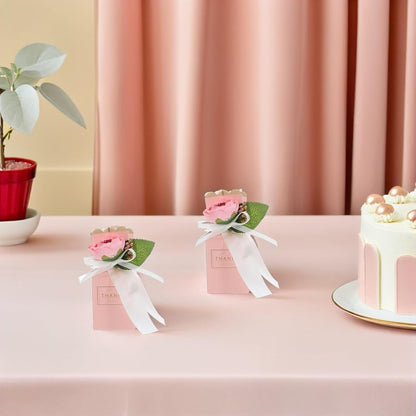 BESTonZON 12pcs Pink Floral Candy Boxes with Ribbon Shower and Wedding Party Favor Packaging Decorative Treat Boxes for Birthday and Anniversary Celebrations