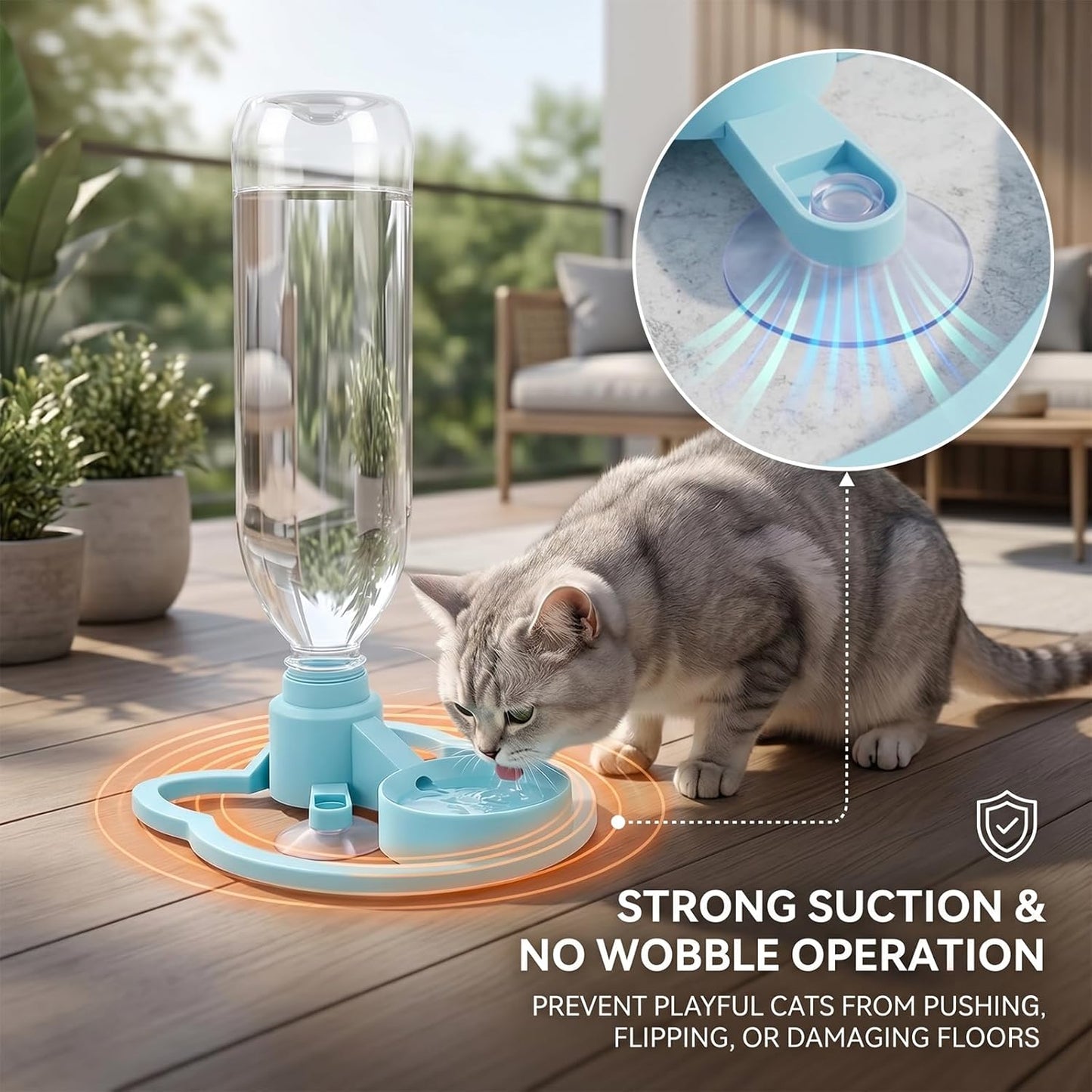 Cat Water Fountain Stand, Anti-Tipping Suction Base PetFeeder, Automatic Gravity-Fed Refill, Fits 3cm Neck Bottles, PortableKitten Waterer Station for Messy Pets, Indoor Outdoor Balcony (pink)