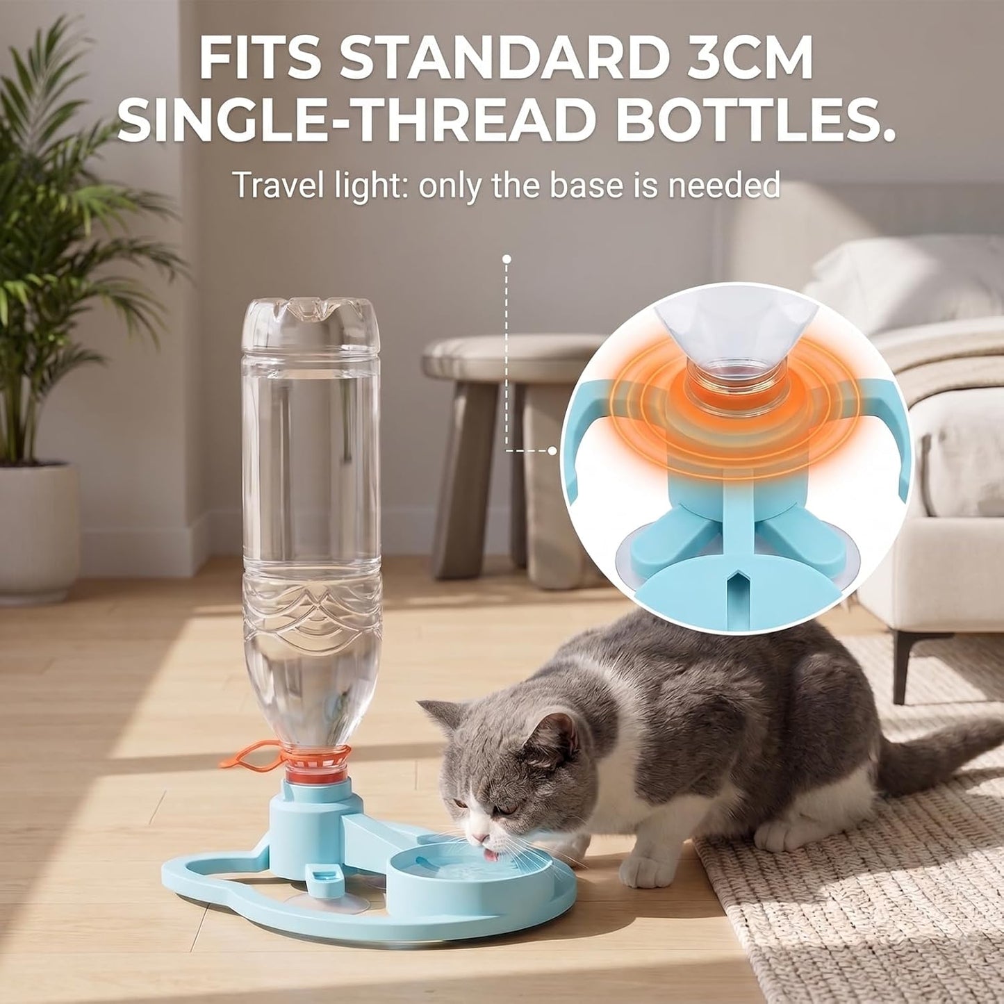 Cat Water Fountain Stand, Anti-Tipping Suction Base PetFeeder, Automatic Gravity-Fed Refill, Fits 3cm Neck Bottles, PortableKitten Waterer Station for Messy Pets, Indoor Outdoor Balcony (pink)