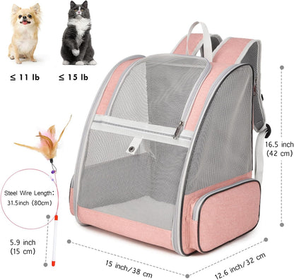 Cat Backpack Carrier, Large Pet Backpack with Kitten Wand Feather Toy for Medium Small Dog Cat Puppy Kitty Bunny up to 15lbs, Ventilated Mesh Dog Travel Carrier for Hiking Walking Outdoor Use (Pink)