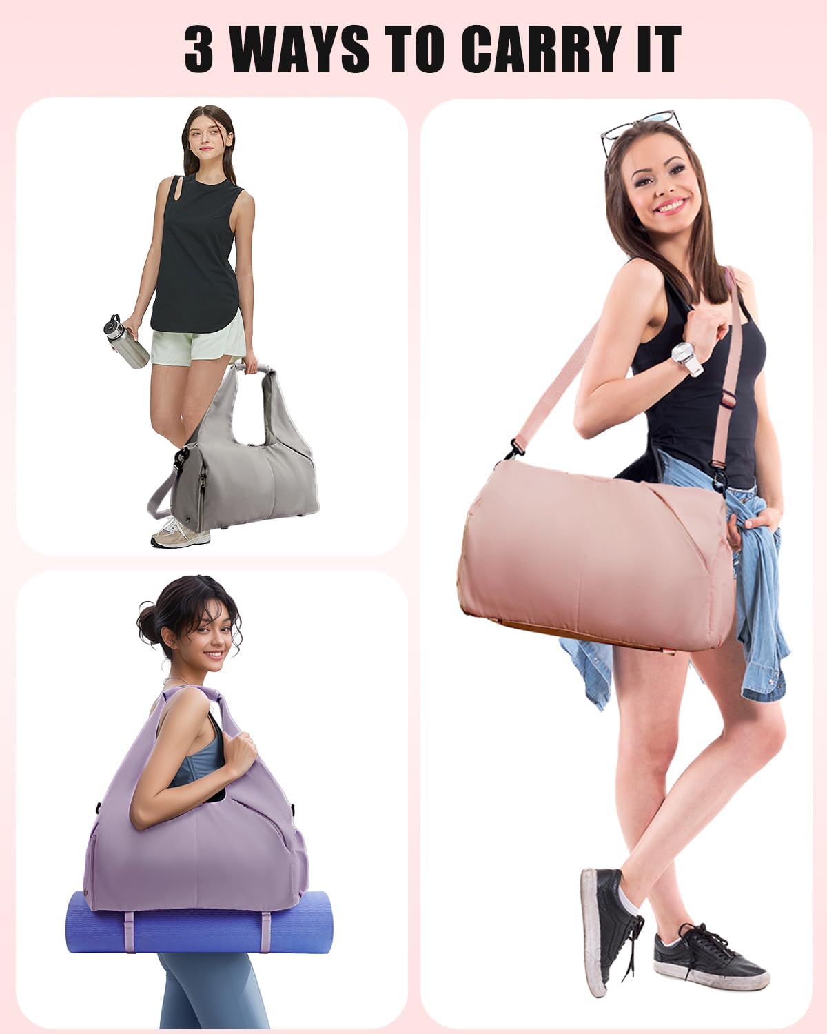Gym Bag for Women with Shoe and Wet Compartments, Yoga Mat Holder