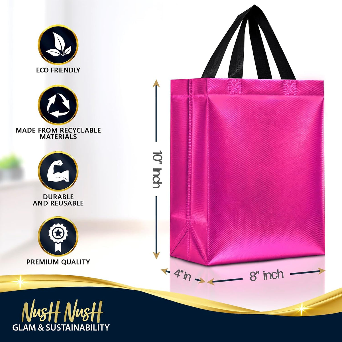 Set of 12 Reusable Medium Hot Pink Gift Bags with Handles