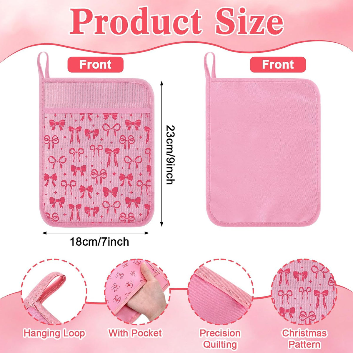 Layhit 12 Pcs Pink Bows Pot Holders with Pocket Coquette Kitchen Pot Holders for Kitchen Hot and Oven Heat Resistant Potholder Neighbor Gift Cookie Bag for Cooking Baking Home Gifting