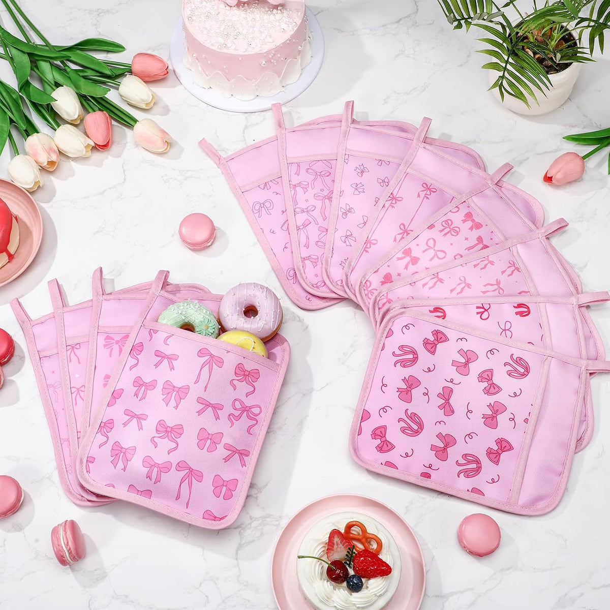 Layhit 12 Pcs Pink Bows Pot Holders with Pocket Coquette Kitchen Pot Holders for Kitchen Hot and Oven Heat Resistant Potholder Neighbor Gift Cookie Bag for Cooking Baking Home Gifting