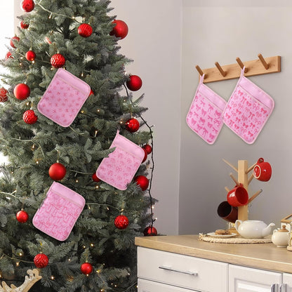 Layhit 12 Pcs Pink Bows Pot Holders with Pocket Coquette Kitchen Pot Holders for Kitchen Hot and Oven Heat Resistant Potholder Neighbor Gift Cookie Bag for Cooking Baking Home Gifting