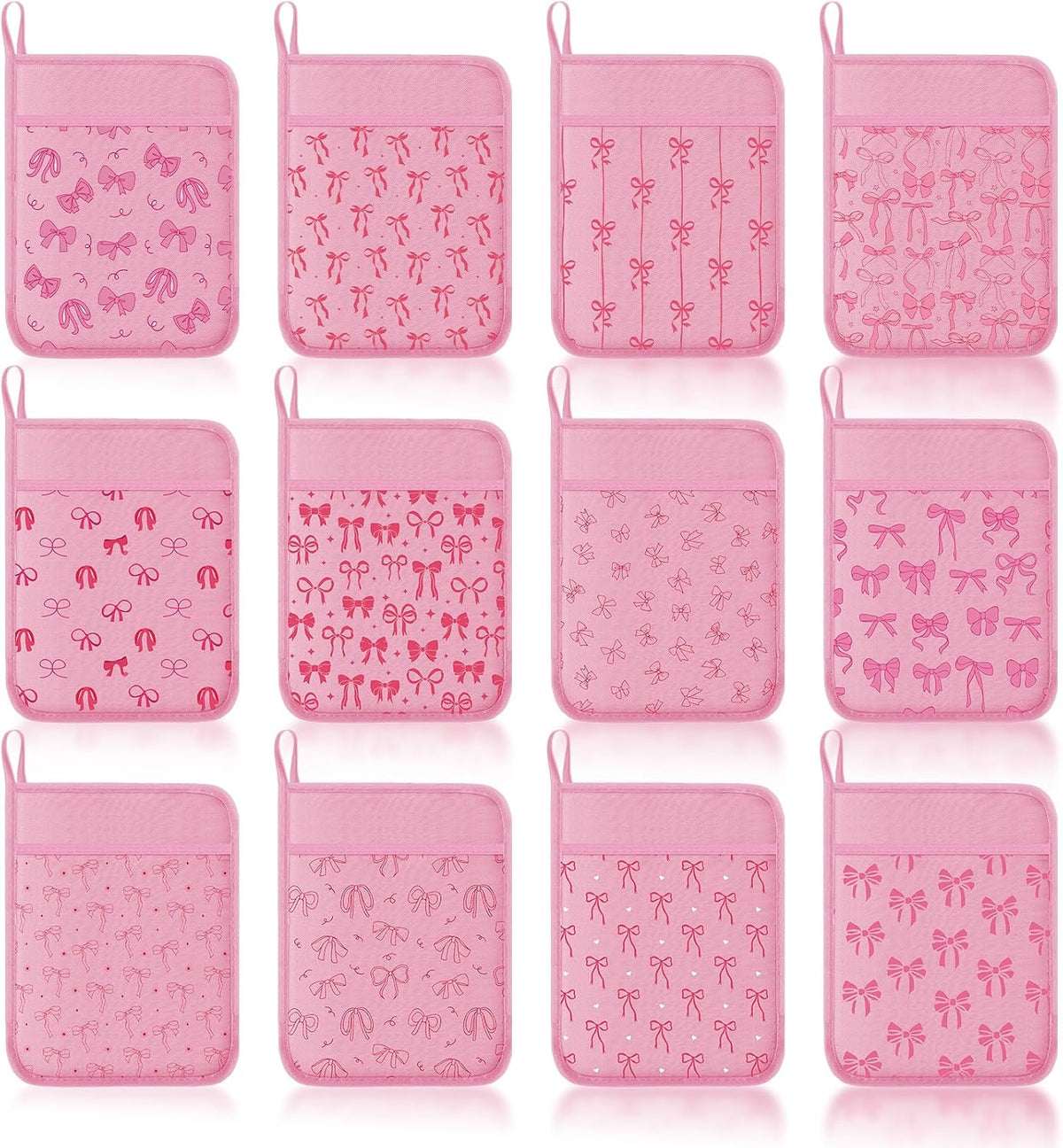 Layhit 12 Pcs Pink Bows Pot Holders with Pocket Coquette Kitchen Pot Holders for Kitchen Hot and Oven Heat Resistant Potholder Neighbor Gift Cookie Bag for Cooking Baking Home Gifting