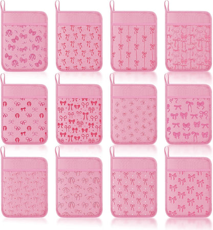 Layhit 12 Pcs Pink Bows Pot Holders with Pocket Coquette Kitchen Pot Holders for Kitchen Hot and Oven Heat Resistant Potholder Neighbor Gift Cookie Bag for Cooking Baking Home Gifting