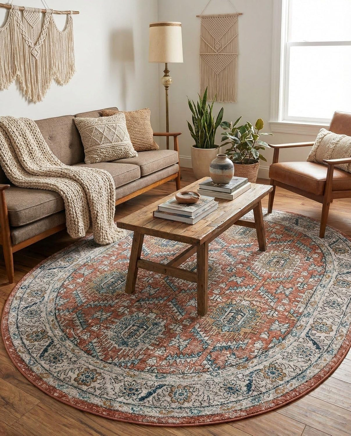 Nyla Collection Rug – 7' 10 x 10' Oval Salmon Pink Easy-Clean Textured Area Rug – Vintage Medallion Design for Living Rooms, Dining Rooms, and Bedrooms