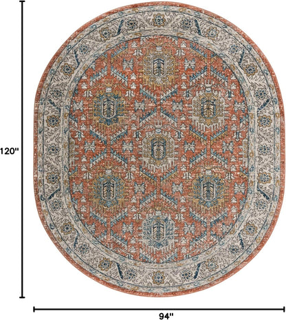 Nyla Collection Rug – 7' 10 x 10' Oval Salmon Pink Easy-Clean Textured Area Rug – Vintage Medallion Design for Living Rooms, Dining Rooms, and Bedrooms