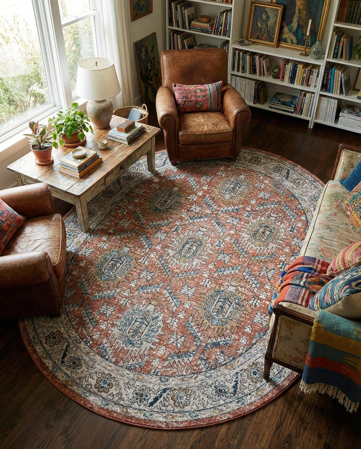 Nyla Collection Rug – 7' 10 x 10' Oval Salmon Pink Easy-Clean Textured Area Rug – Vintage Medallion Design for Living Rooms, Dining Rooms, and Bedrooms