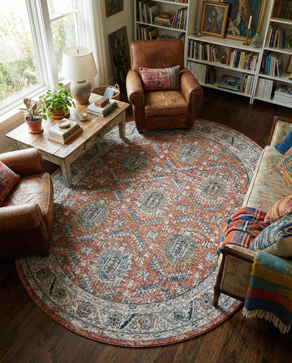 Nyla Collection Rug – 7' 10 x 10' Oval Salmon Pink Easy-Clean Textured Area Rug – Vintage Medallion Design for Living Rooms, Dining Rooms, and Bedrooms