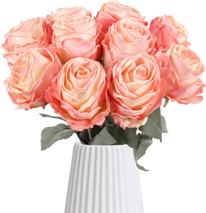 10PCS Roses Artificial Flowers Silk Flowers with Long Stem Fake Roses for Valentine's Day Wedding Bridal Bouquets Floral Arrangement Table Centerpieces Home Decoration(Peach)