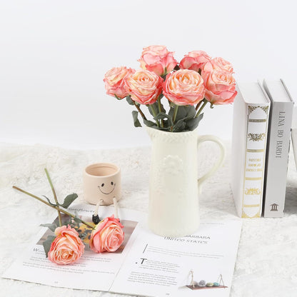 10PCS Roses Artificial Flowers Silk Flowers with Long Stem Fake Roses for Valentine's Day Wedding Bridal Bouquets Floral Arrangement Table Centerpieces Home Decoration(Peach)