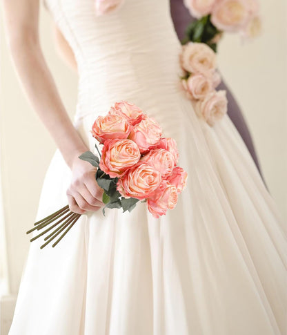 10PCS Roses Artificial Flowers Silk Flowers with Long Stem Fake Roses for Valentine's Day Wedding Bridal Bouquets Floral Arrangement Table Centerpieces Home Decoration(Peach)