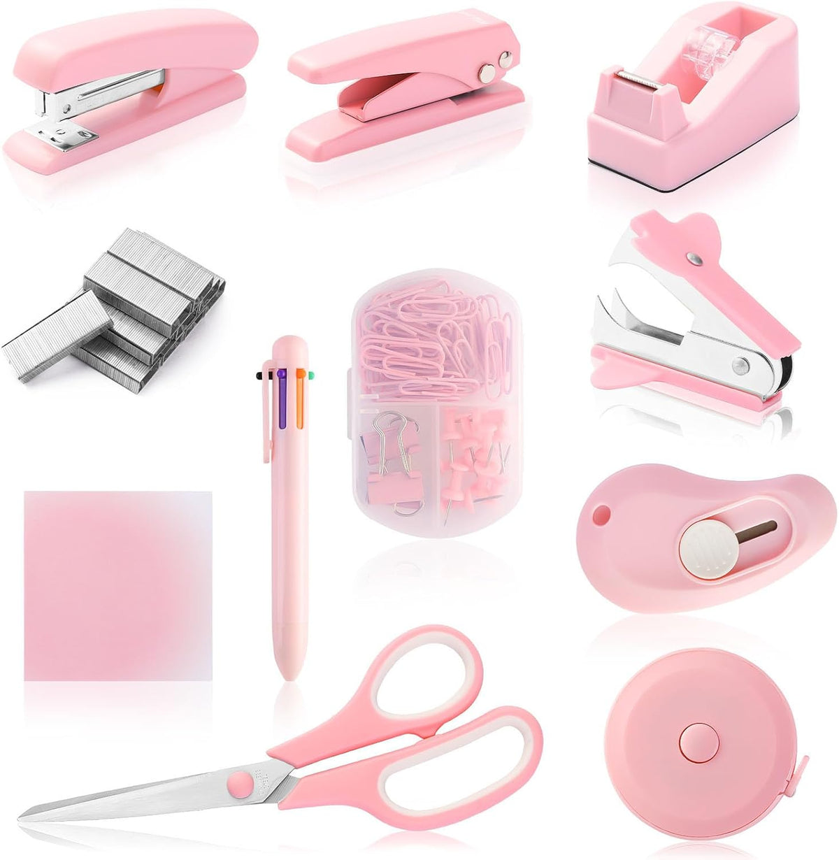 Pink Desk Accessory Kit Cute Office Supplies Set Desktop Stapler Set Includes Staple Remover Hole Punch Tape Dispenser Ballpoint Pen Scissor Mini Box Cutter Tape Measure Paper Clips Sticky Notes