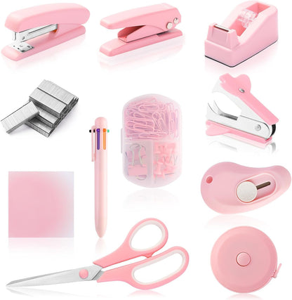 Pink Desk Accessory Kit Cute Office Supplies Set Desktop Stapler Set Includes Staple Remover Hole Punch Tape Dispenser Ballpoint Pen Scissor Mini Box Cutter Tape Measure Paper Clips Sticky Notes