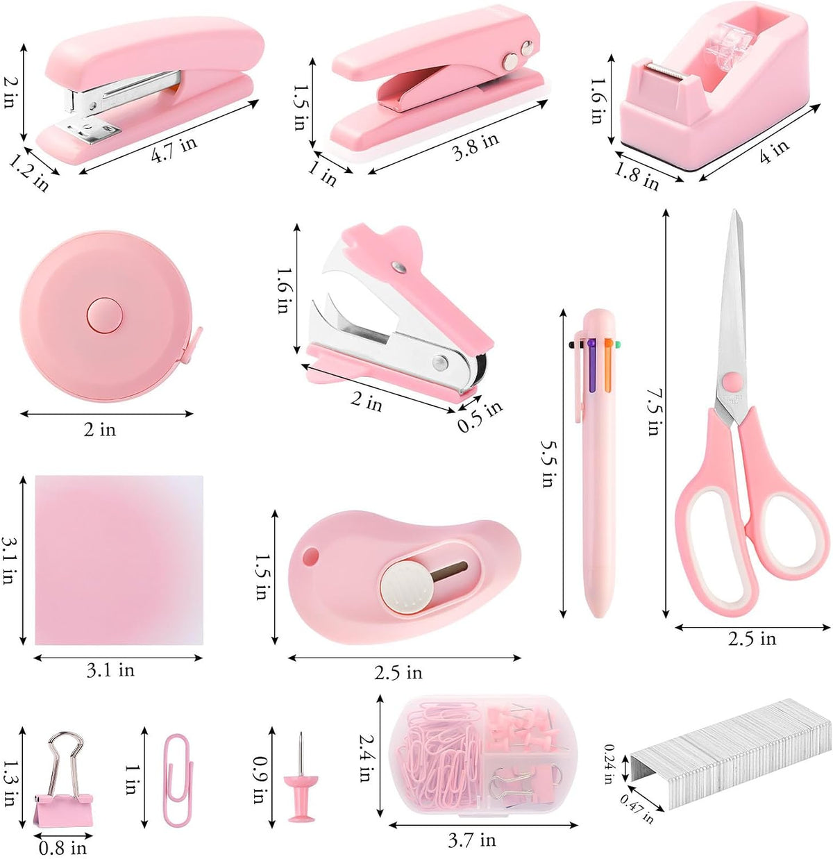 Pink Desk Accessory Kit Cute Office Supplies Set Desktop Stapler Set Includes Staple Remover Hole Punch Tape Dispenser Ballpoint Pen Scissor Mini Box Cutter Tape Measure Paper Clips Sticky Notes
