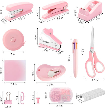 Pink Desk Accessory Kit Cute Office Supplies Set Desktop Stapler Set Includes Staple Remover Hole Punch Tape Dispenser Ballpoint Pen Scissor Mini Box Cutter Tape Measure Paper Clips Sticky Notes