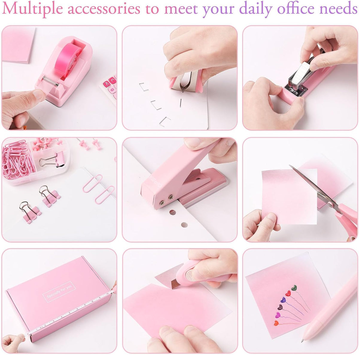 Pink Desk Accessory Kit Cute Office Supplies Set Desktop Stapler Set Includes Staple Remover Hole Punch Tape Dispenser Ballpoint Pen Scissor Mini Box Cutter Tape Measure Paper Clips Sticky Notes