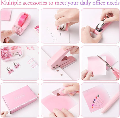 Pink Desk Accessory Kit Cute Office Supplies Set Desktop Stapler Set Includes Staple Remover Hole Punch Tape Dispenser Ballpoint Pen Scissor Mini Box Cutter Tape Measure Paper Clips Sticky Notes