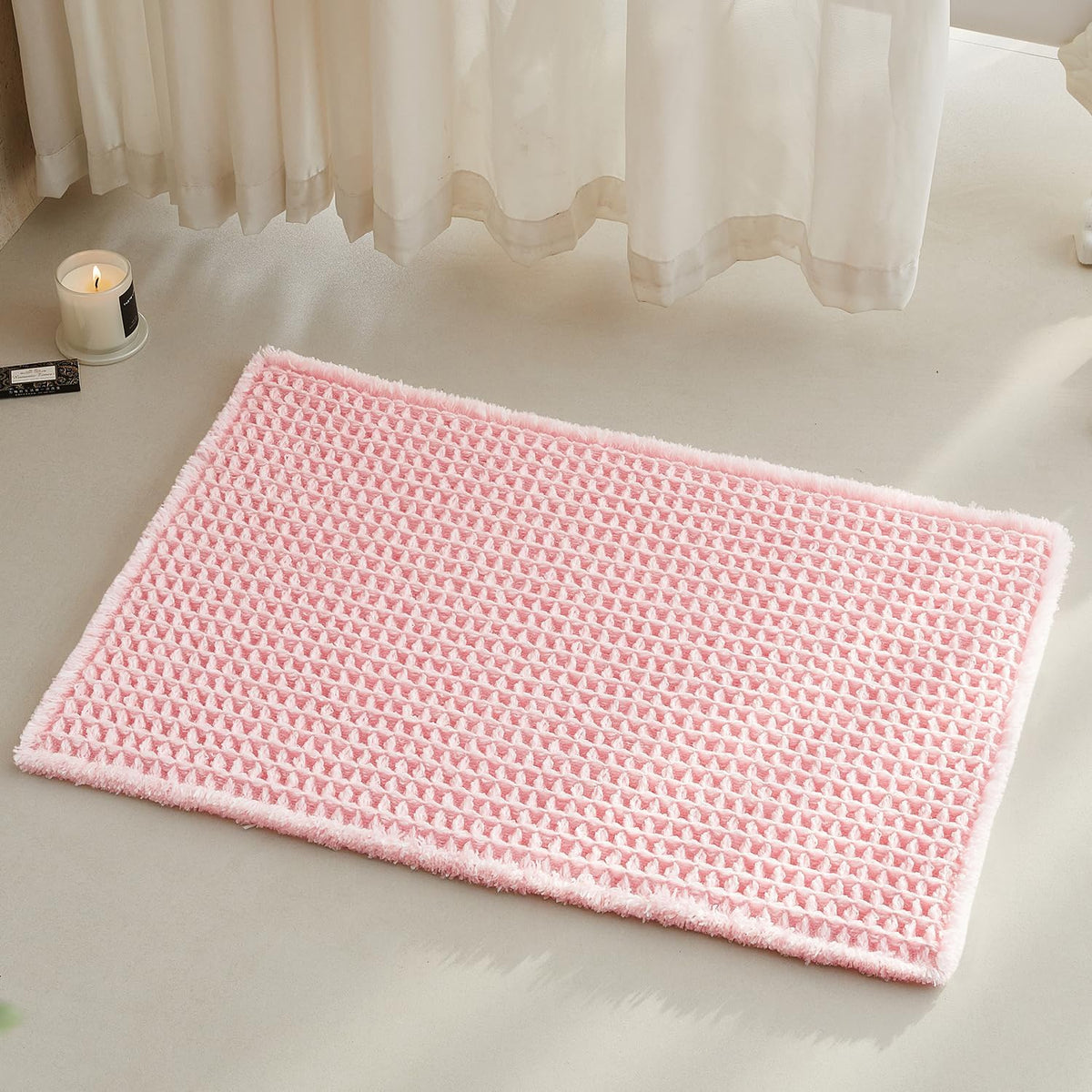 Waffle Bath Mat, Cute Bathroom Rugs Non Slip, 30x20 Light Peachy Pink