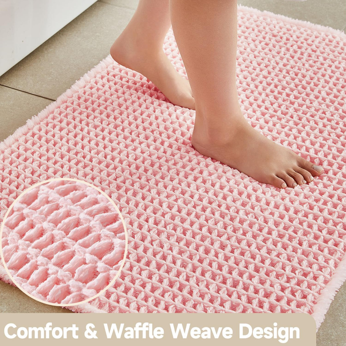 Waffle Bath Mat, Cute Bathroom Rugs Non Slip, 30x20 Light Peachy Pink