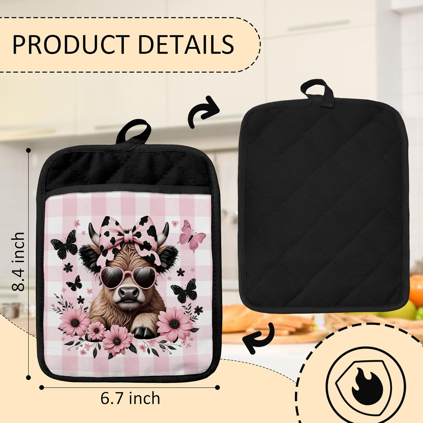 Coquette Bow Floral Highland Cow Pot Holders 2 Pack Set, Highland Cow Gifts for Women, Pink Checkered Butterfly Heifer Heat Resistant Oven Hot Pads for Kitchen Countertop Baking