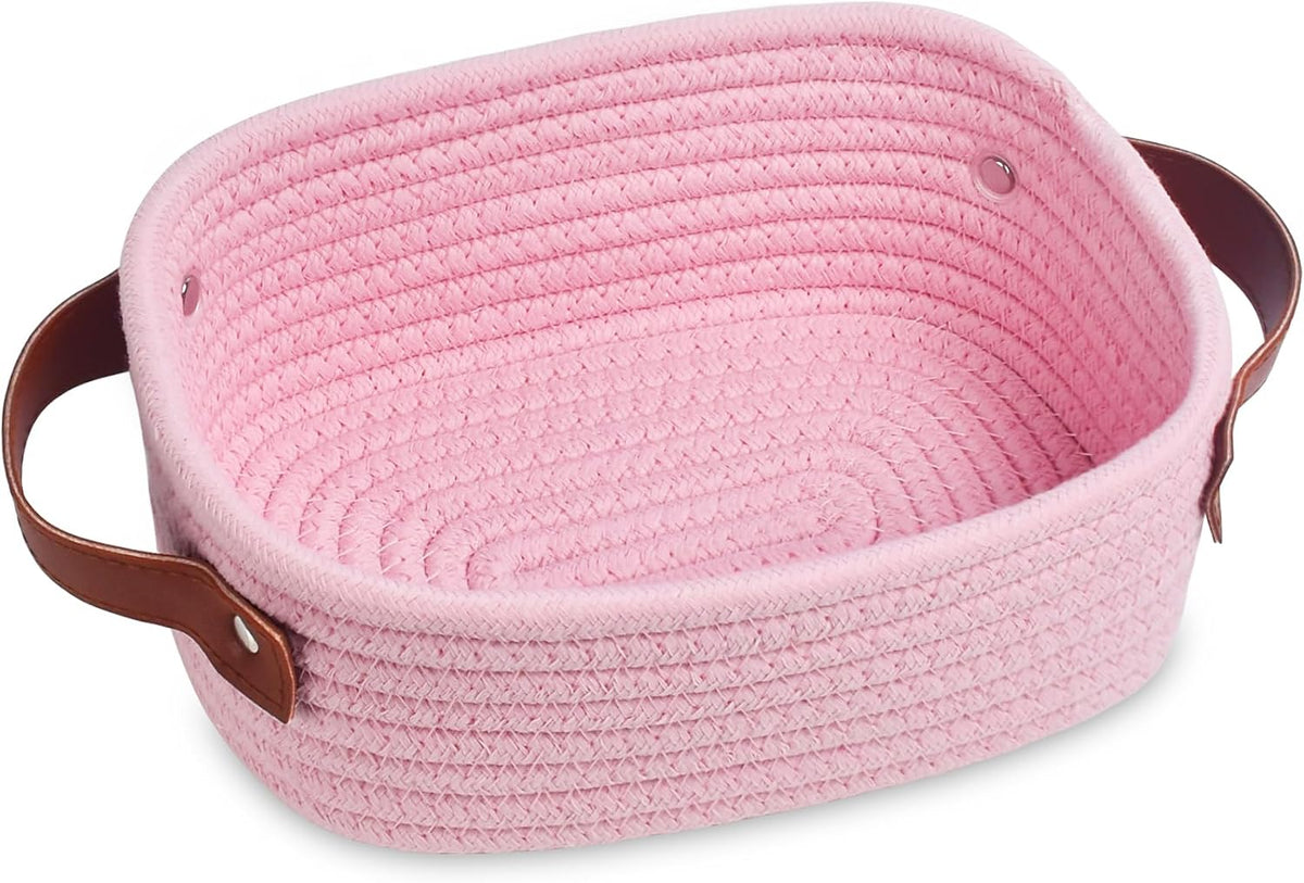 Small Storage Basket, Mini Rope Woven Baskets, Cute Shelf Closet Storage Organizer, Boho Decorative Toy Bin for Nursery, Living Room, Spa, Empty Gift Basket - XS, Pink