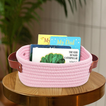 Small Storage Basket, Mini Rope Woven Baskets, Cute Shelf Closet Storage Organizer, Boho Decorative Toy Bin for Nursery, Living Room, Spa, Empty Gift Basket - XS, Pink