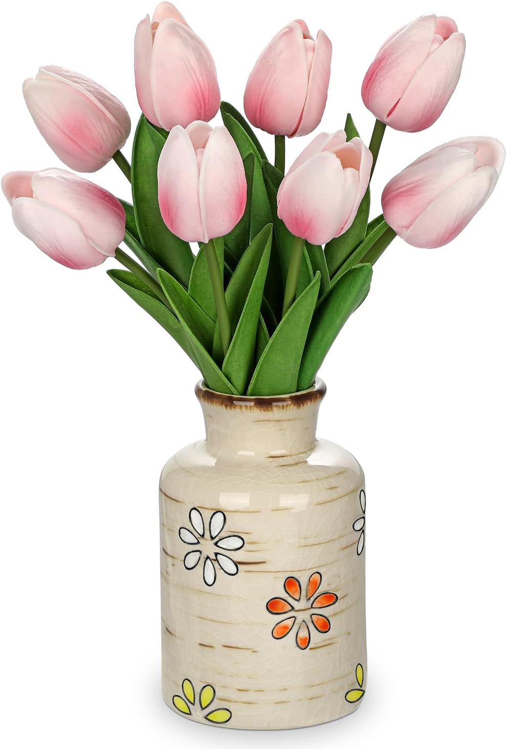 10.6IN Artificial Tulips in Ceramic Vase, Real Touch Flowers Faux Pink Tulips Arrangement for Home Office Wedding Anniversary Party Table Centerpiece Spring Easter Decor
