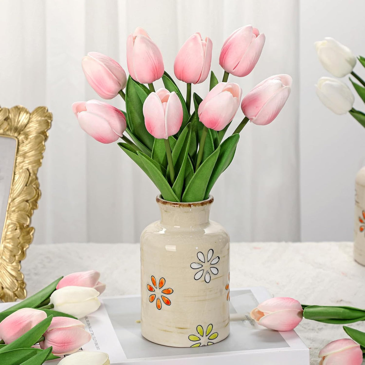 10.6IN Artificial Tulips in Ceramic Vase, Real Touch Flowers Faux Pink Tulips Arrangement for Home Office Wedding Anniversary Party Table Centerpiece Spring Easter Decor