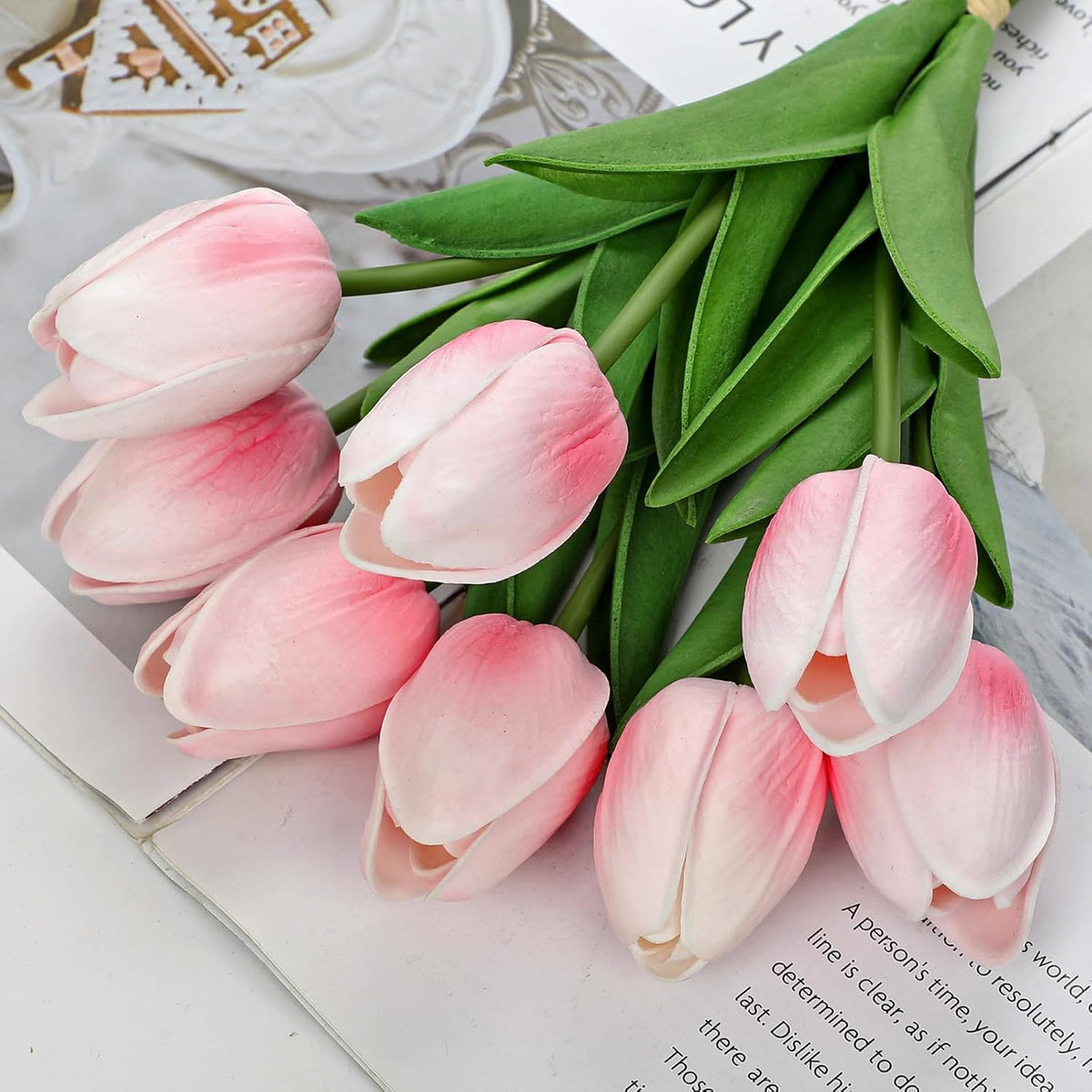 10.6IN Artificial Tulips in Ceramic Vase, Real Touch Flowers Faux Pink Tulips Arrangement for Home Office Wedding Anniversary Party Table Centerpiece Spring Easter Decor