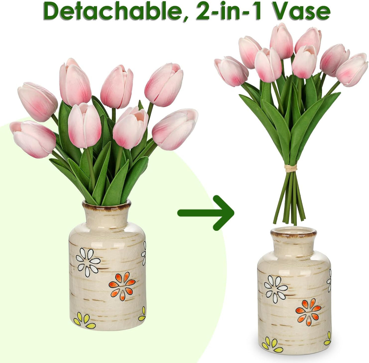 10.6IN Artificial Tulips in Ceramic Vase, Real Touch Flowers Faux Pink Tulips Arrangement for Home Office Wedding Anniversary Party Table Centerpiece Spring Easter Decor