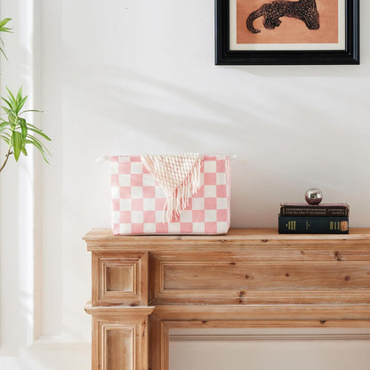 Pink White Checkered Canvas Basket, Rectangular Organizing Decorative Storage Basket for Kids Dog Toy, Cute Aesthetic Race Cars Boy Room Decor for Home, Kitchen, Bedroom, Classroom, Shelves
