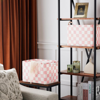Pink White Checkered Canvas Basket, Rectangular Organizing Decorative Storage Basket for Kids Dog Toy, Cute Aesthetic Race Cars Boy Room Decor for Home, Kitchen, Bedroom, Classroom, Shelves