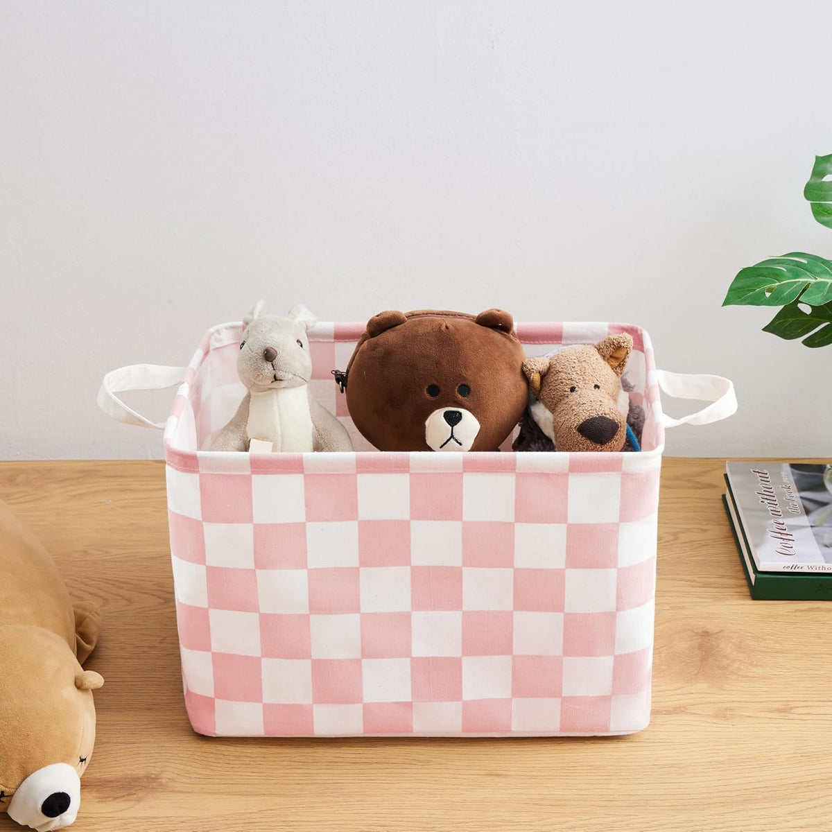 Pink White Checkered Canvas Basket, Rectangular Organizing Decorative Storage Basket for Kids Dog Toy, Cute Aesthetic Race Cars Boy Room Decor for Home, Kitchen, Bedroom, Classroom, Shelves