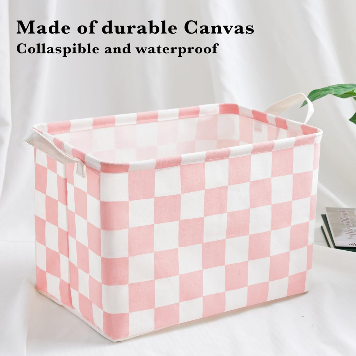 Pink White Checkered Canvas Basket, Rectangular Organizing Decorative Storage Basket for Kids Dog Toy, Cute Aesthetic Race Cars Boy Room Decor for Home, Kitchen, Bedroom, Classroom, Shelves