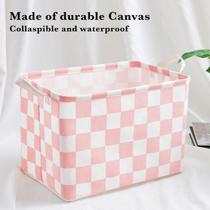 Pink White Checkered Canvas Basket, Rectangular Organizing Decorative Storage Basket for Kids Dog Toy, Cute Aesthetic Race Cars Boy Room Decor for Home, Kitchen, Bedroom, Classroom, Shelves