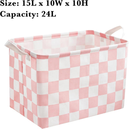 Pink White Checkered Canvas Basket, Rectangular Organizing Decorative Storage Basket for Kids Dog Toy, Cute Aesthetic Race Cars Boy Room Decor for Home, Kitchen, Bedroom, Classroom, Shelves