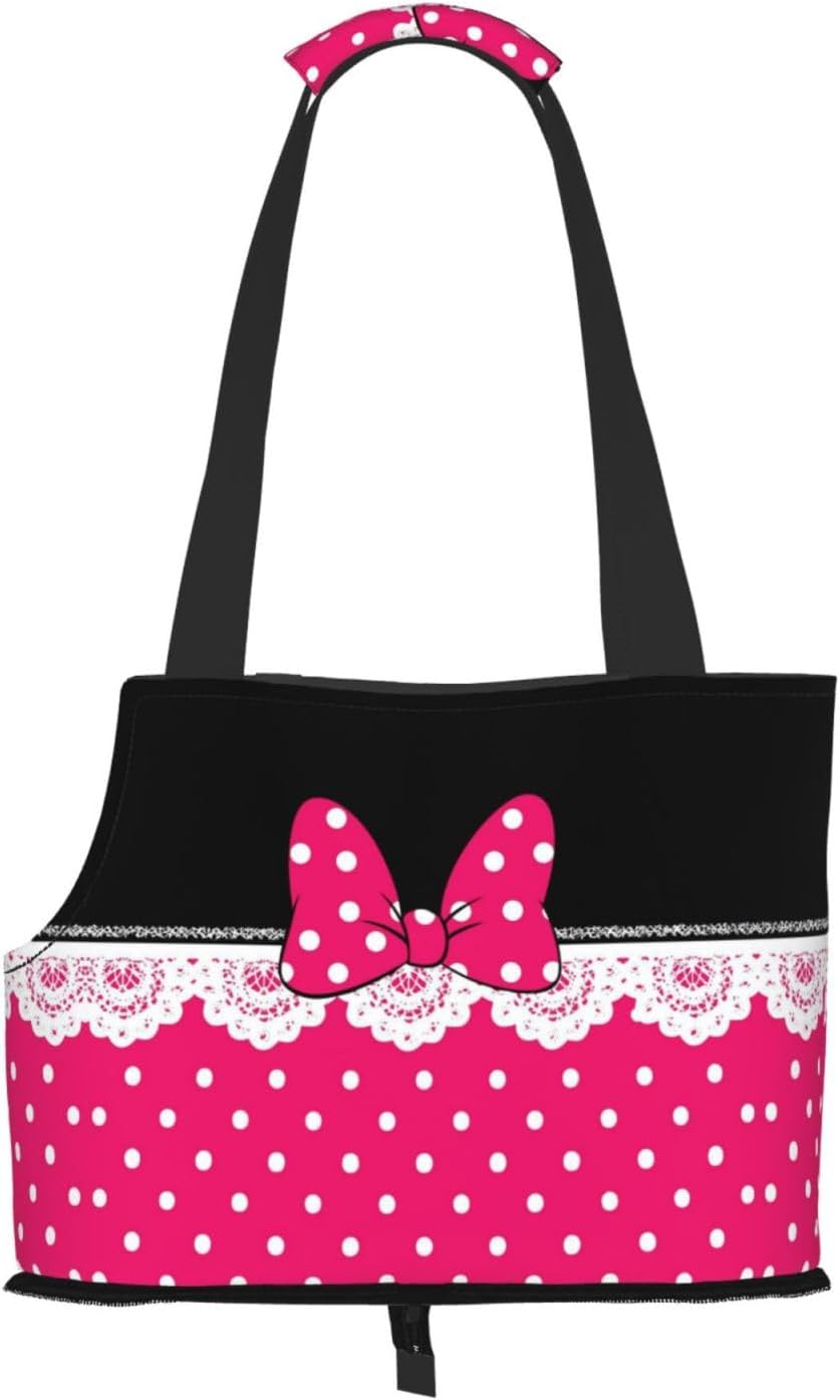 Polka Dots Pink Bow Dog Purse Carrier for Small Dogs Cats, Cute Portable Foldable Soft Sided Small Pet Carrier Tote Bag for Outdoor