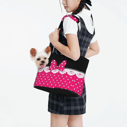 Polka Dots Pink Bow Dog Purse Carrier for Small Dogs Cats, Cute Portable Foldable Soft Sided Small Pet Carrier Tote Bag for Outdoor