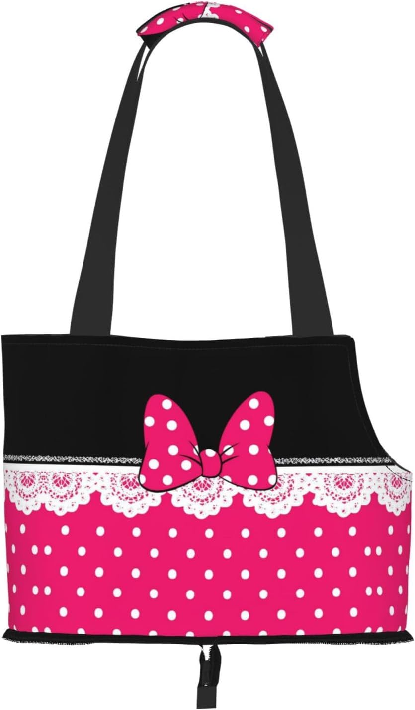 Polka Dots Pink Bow Dog Purse Carrier for Small Dogs Cats, Cute Portable Foldable Soft Sided Small Pet Carrier Tote Bag for Outdoor