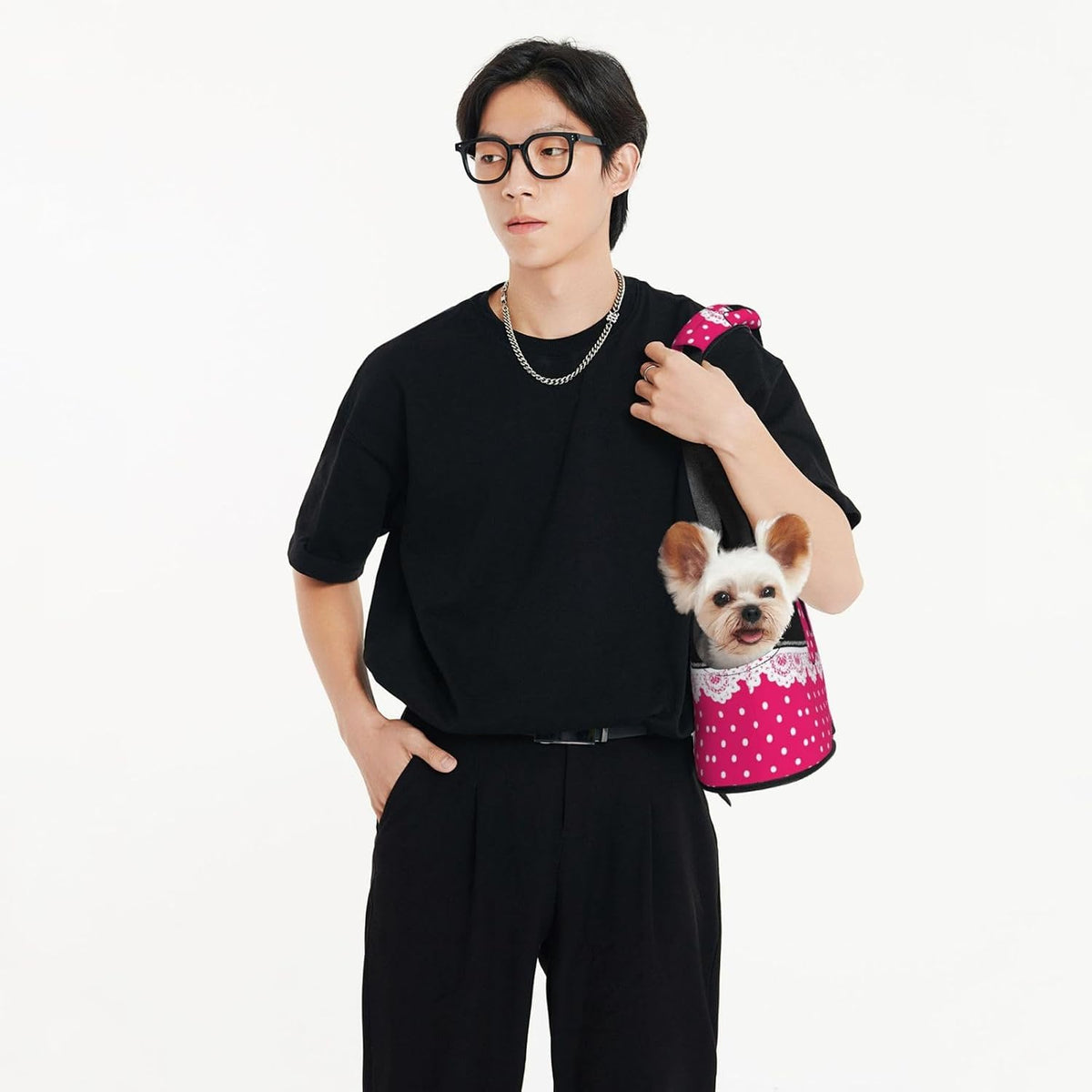 Polka Dots Pink Bow Dog Purse Carrier for Small Dogs Cats, Cute Portable Foldable Soft Sided Small Pet Carrier Tote Bag for Outdoor