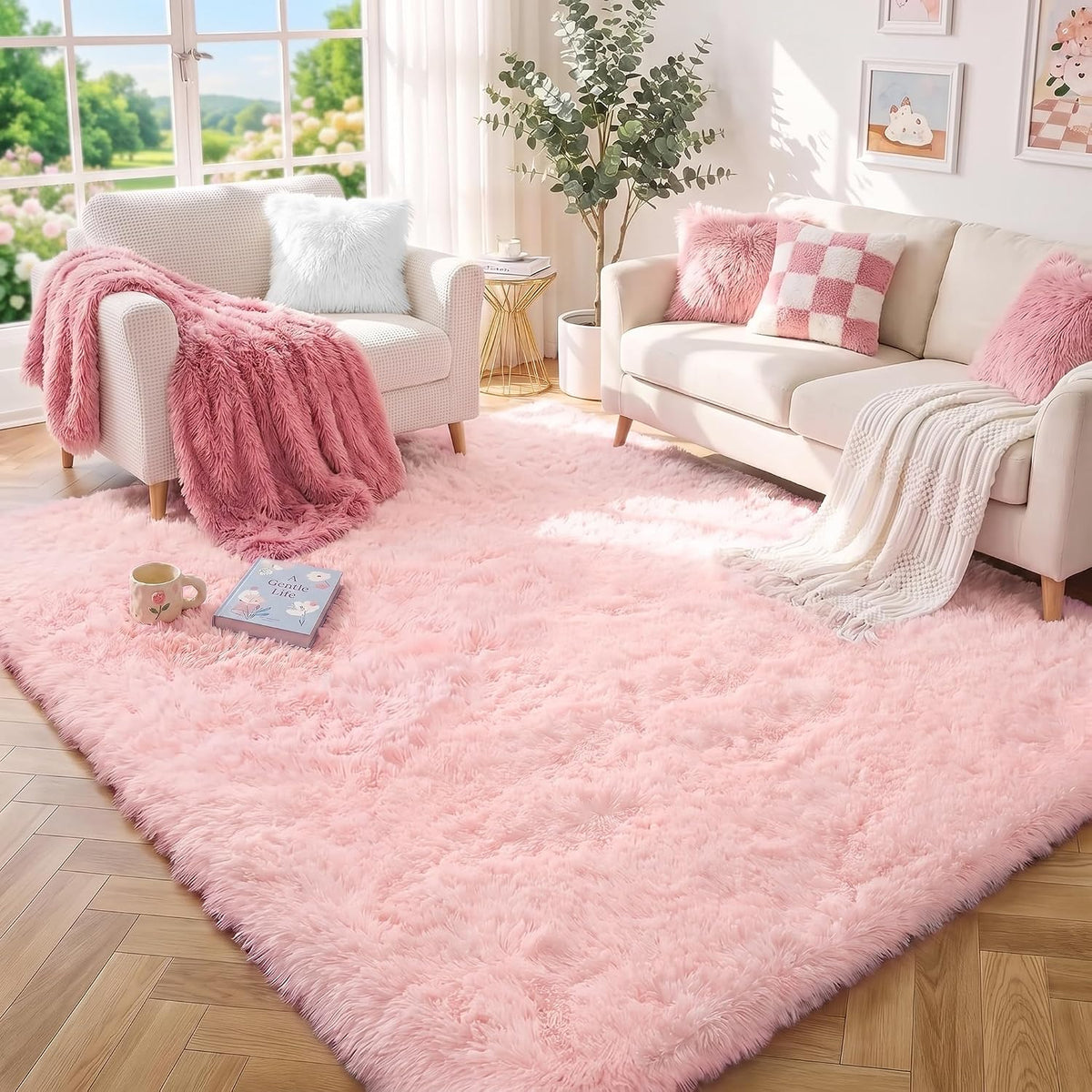 Soft Pink Fluffy Shag Pastel Area Rugs for Bedroom Girls Living Room 5x7 Ft