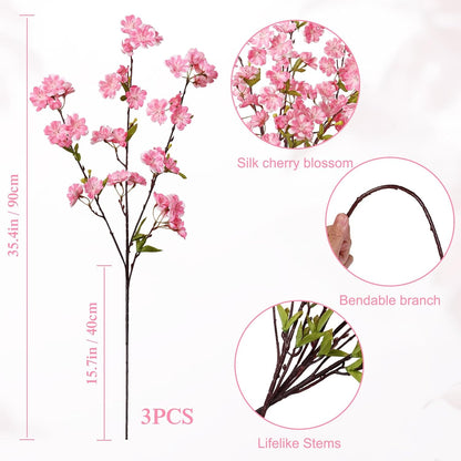 3PCS 35.4" Artificial Cherry Blossom Branches, Pink