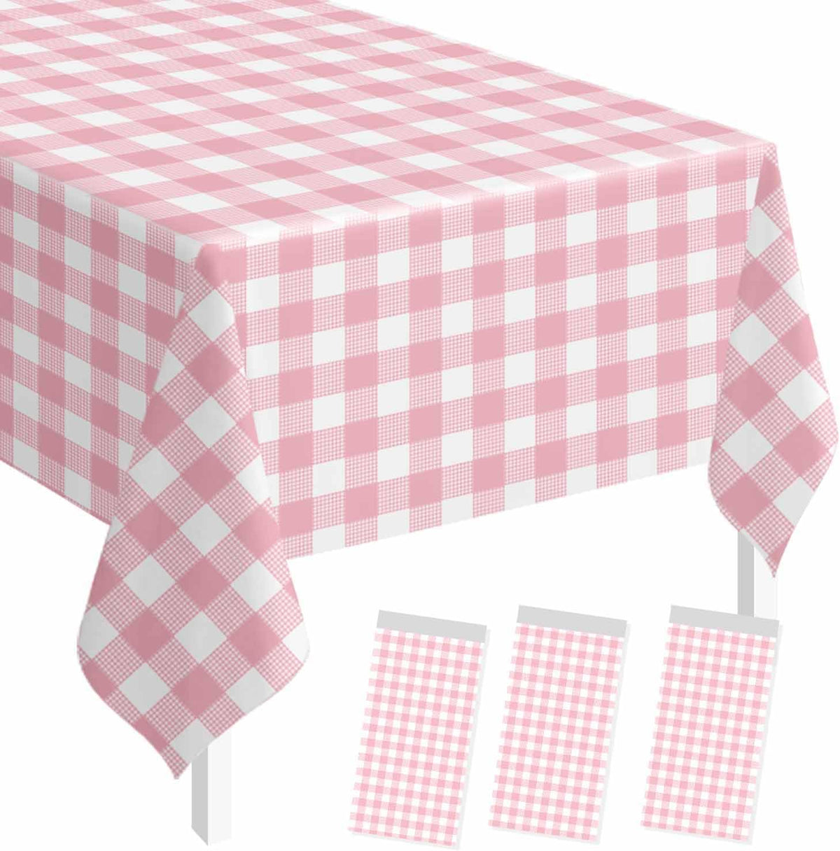 3 Pack Light Pink Gingham Tablecloth Rectangle 54 x 108 Pink and White Checkered Table Cloth Disposable Plaid Table Cover Plastic for Birthday Baby Shower Picnic Wedding Party Supplies