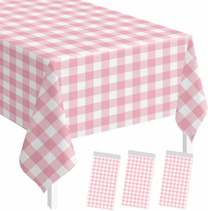 3 Pack Light Pink Gingham Tablecloth Rectangle 54 x 108 Pink and White Checkered Table Cloth Disposable Plaid Table Cover Plastic for Birthday Baby Shower Picnic Wedding Party Supplies