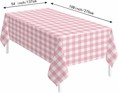 3 Pack Light Pink Gingham Tablecloth Rectangle 54 x 108 Pink and White Checkered Table Cloth Disposable Plaid Table Cover Plastic for Birthday Baby Shower Picnic Wedding Party Supplies