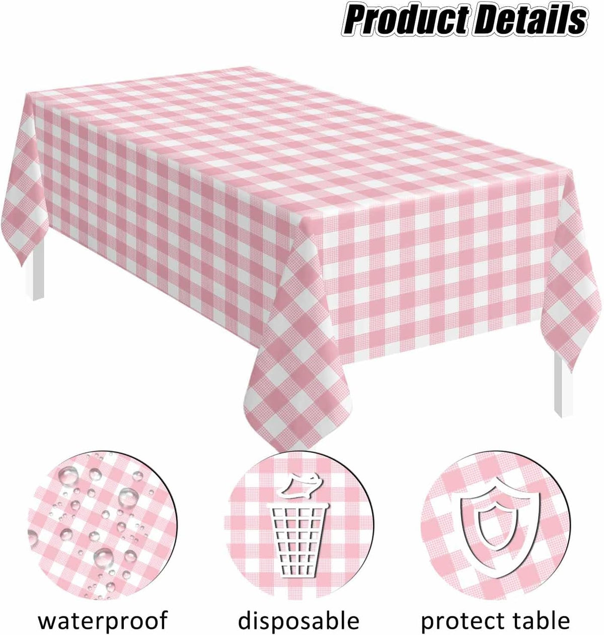 3 Pack Light Pink Gingham Tablecloth Rectangle 54 x 108 Pink and White Checkered Table Cloth Disposable Plaid Table Cover Plastic for Birthday Baby Shower Picnic Wedding Party Supplies